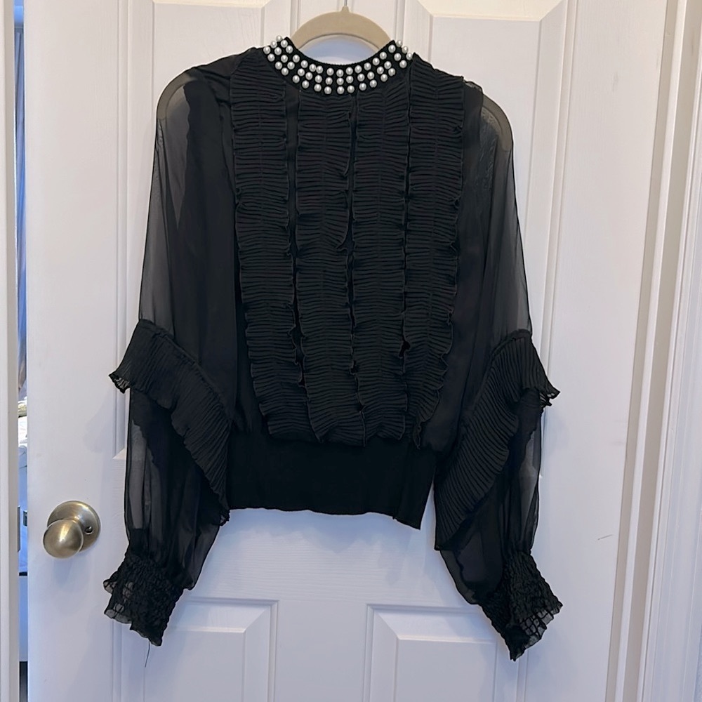 Beulah Style Black Pearl Embellished Sheer Beaded Top Womens small